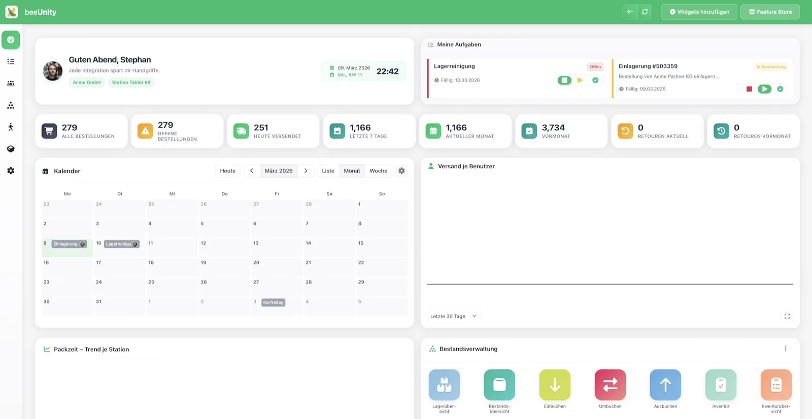 Animierter Überblick über das beeUnity-Dashboard mit Kennzahlen, Aufgaben und Bestandsverwaltung