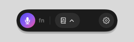 Schwebendes Widget von Sinthex Flow mit Mikrofon-Knopf, fn-Hinweis, Wörterbuch und Einstellungen.